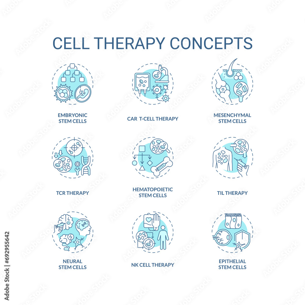 Collection of 2D editable blue thin line icons representing cell therapy, isolated simple vector, linear illustration.