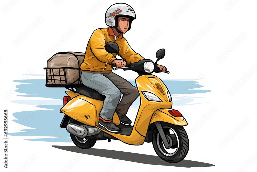 Drawing of a delivery man driving a yellow scooter on a transparent background. PNG