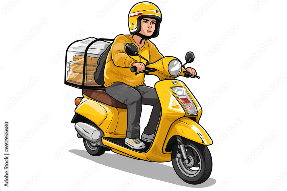 Drawing of a delivery man driving a yellow scooter on a transparent background. PNG