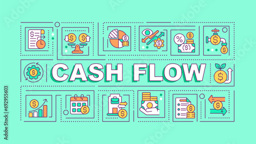 2D cash flow text with various thin line icons concept on green monochromatic background, editable vector illustration.