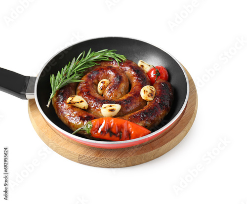 Fototapeta Naklejka Na Ścianę i Meble -  Pan with delicious homemade sausage, garlic, tomato, rosemary and chili isolated on white