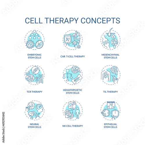 Collection of 2D editable blue thin line icons representing cell therapy, isolated simple vector, linear illustration.