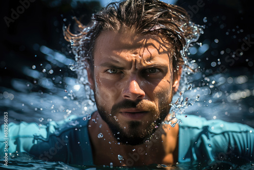 Intense young man swimming in a pool with water splashing around  showcasing determination and strength.