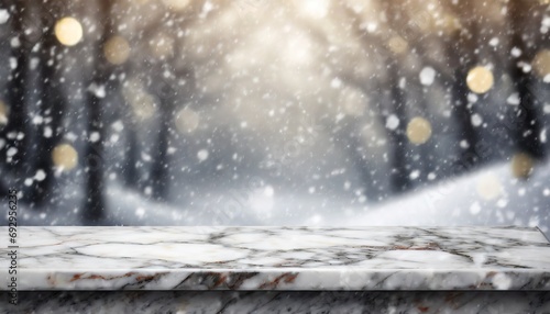 Empty marble table able blurred snow background