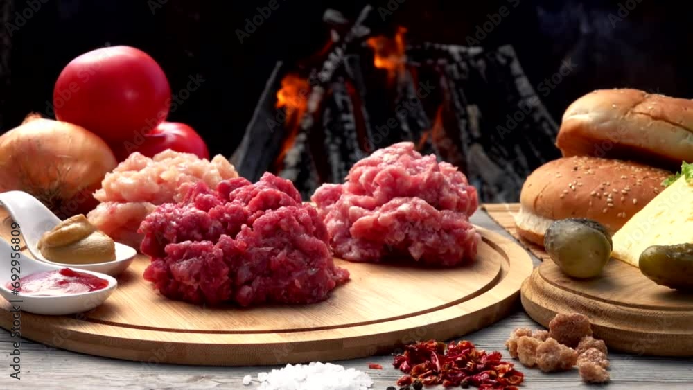 ingredients for burger preparation: chicken, beef and pork raw minced meat ingredients for burger preparation: chicken, beef and pork raw minced meat