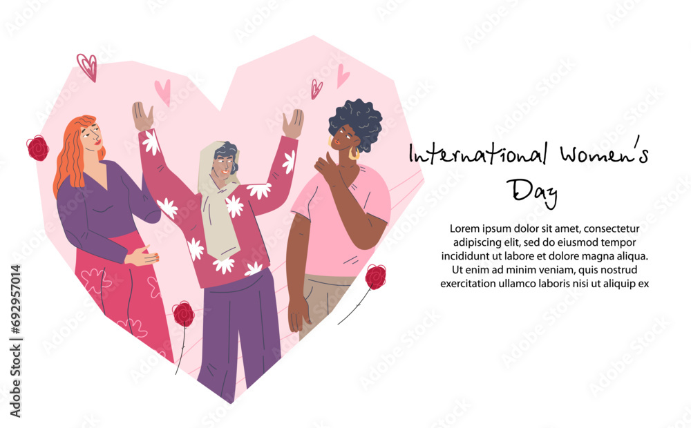 Banner for International Women's Day, women's achievements and a call for gender equality. Support and appreciation for the women banner or poster concept, flat vector illustration isolated on white. Banner for International Women's Day, women's achievements and a call for gender equality. Support and appreciation for the women banner or poster concept, flat vector illustration isolated on white.