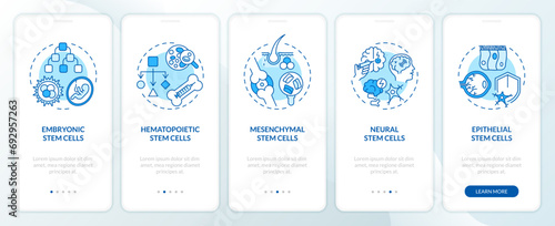 2D icons representing types of stem cell mobile app screen set. Walkthrough 5 steps blue graphic instructions with linear icons concept, UI, UX, GUI template. photo