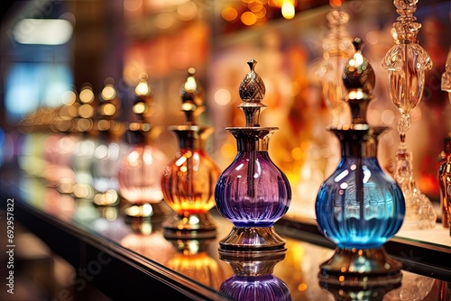 An illuminated market display displaying bright and colorful glass bottles reflecting cultural beauty and craftsmanship. photo