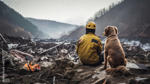 Firefighter and dog sitting, overlooking a devastated landscape
