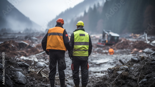 Two workers in hi-vis jackets assessing disaster site in a foggy valley