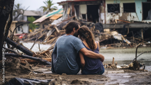 Couple sitting on debris, embracing, looking at a flooded, destroyed home