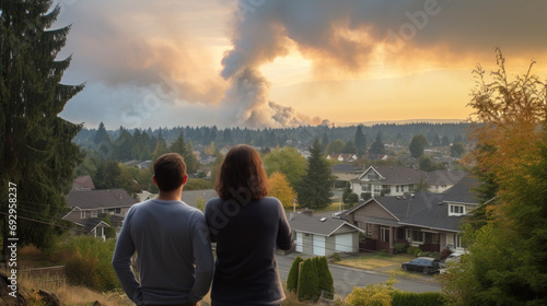Two people gaze at a distant wildfire from their neighborhood