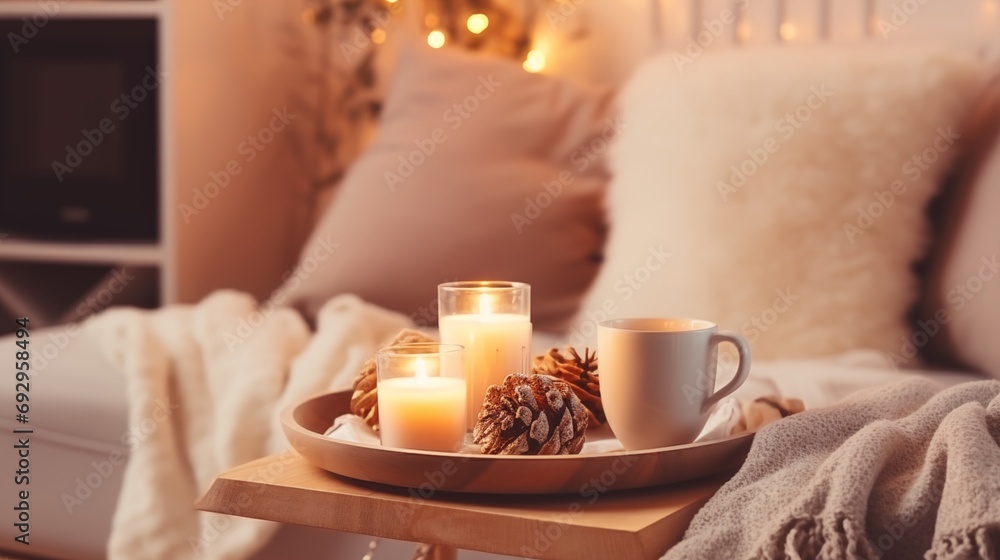Modern winter hygge Christmas set in living room. pastel beige light interior elements, soft pillows, plaid on sofa with coffee drink mug on wood tray and candle