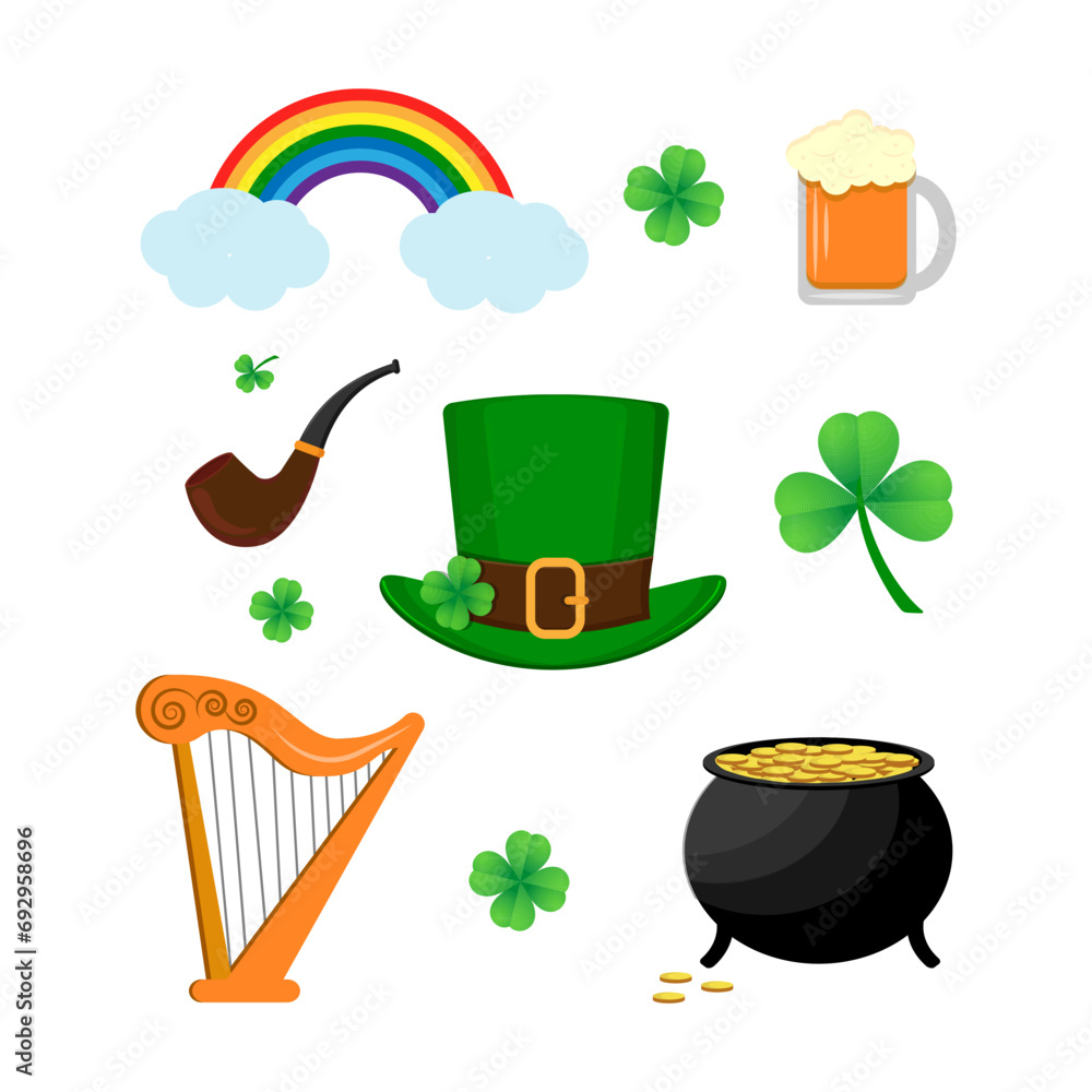 Saint Patricks Day greeting card. Holiday illustration with Irish national items
