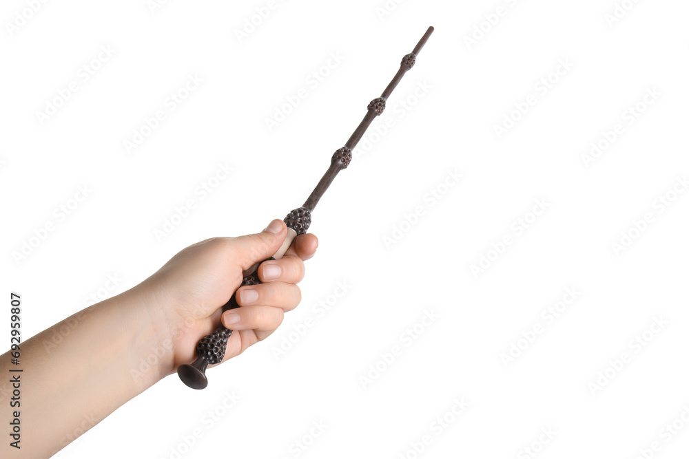 Naklejka premium Woman holding magic wand on white background, closeup