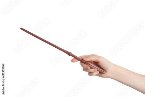 Woman holding magic wand on white background, closeup photo