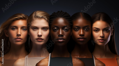Group of women of different nationalities and races professional studio portrait on black backgound showing diversity and inclusivity of people