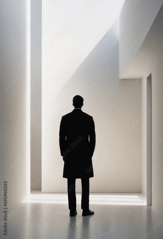 Fototapeta premium 白い部屋の中、スーツ姿で佇む男性
