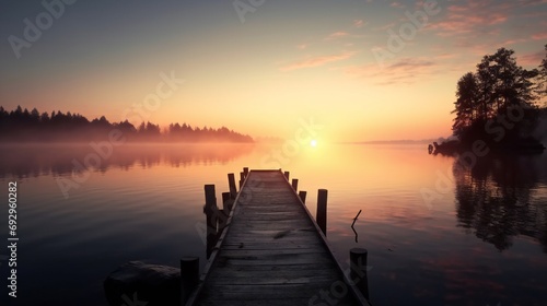 Sunset View of a wooden Pier at a beautiful Lake. wooden pier on the pond at sunset