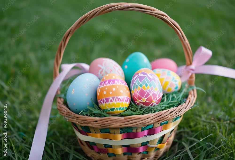 Happy Easter basket full of easter eggs on grass
