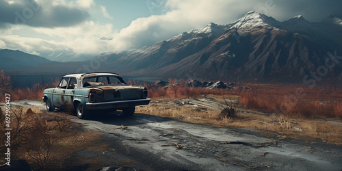 Abandoned car on the road in the mountains,Mountain Road Mystery: Abandoned Car in Nature's Embrace,Rustic Isolation: Lonely Car Left Behind in the Mountains