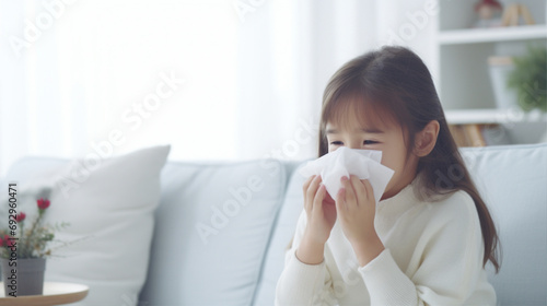 ティッシュで鼻をかむ女の子　Asian girl blowing her nose with tissue photo