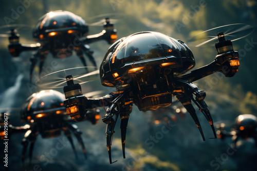 A swarm of autonomous drones coordinating in mid-air, highlighting the synchronized intelligence of decentralized artificial intelligence systems. Concept of swarm intelligence. Generative Ai. © Sebastian