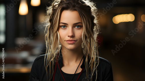Wallpaper Mural Confident businesswoman with dreadlocks in professional attire, exuding charisma in an office setting Torontodigital.ca