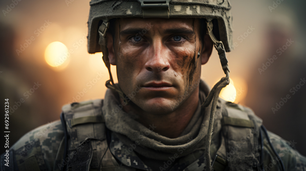 Fototapeta premium Portrait of a Soldier in a War. Generative AI