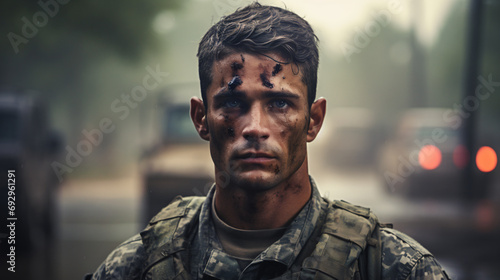 Portrait of a Soldier in a War. Generative AI photo