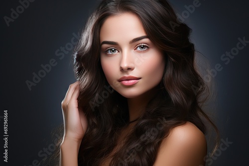 skin healthy hairsstyle brunette long woman hair Beautiful beauty portrait face young model fashion eye care make-up white clean isolated spa skincare glamour 1 cute fresh lip colours female girl