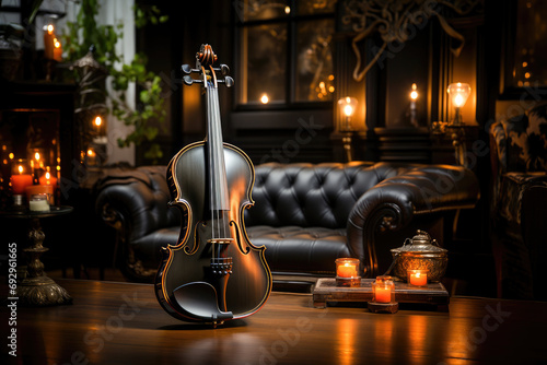 Elegant violin on a polished table surrounded by candlelight, evoking a cozy classical music ambiance.