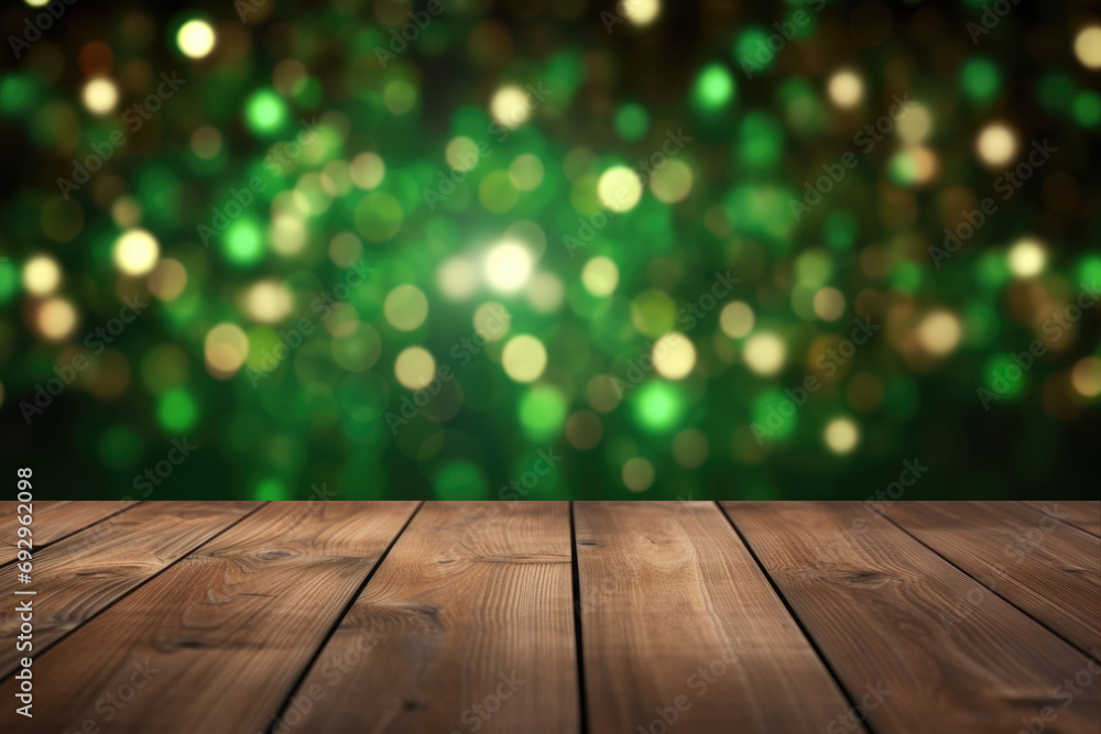 Empty wooden table top and blurred green garland for design. Festive abstract pattern for Xmas, Christmas or Patrick Day. Empty wooden table top and blurred green garland for design. Festive abstract pattern for Xmas, Christmas or Patrick Day.