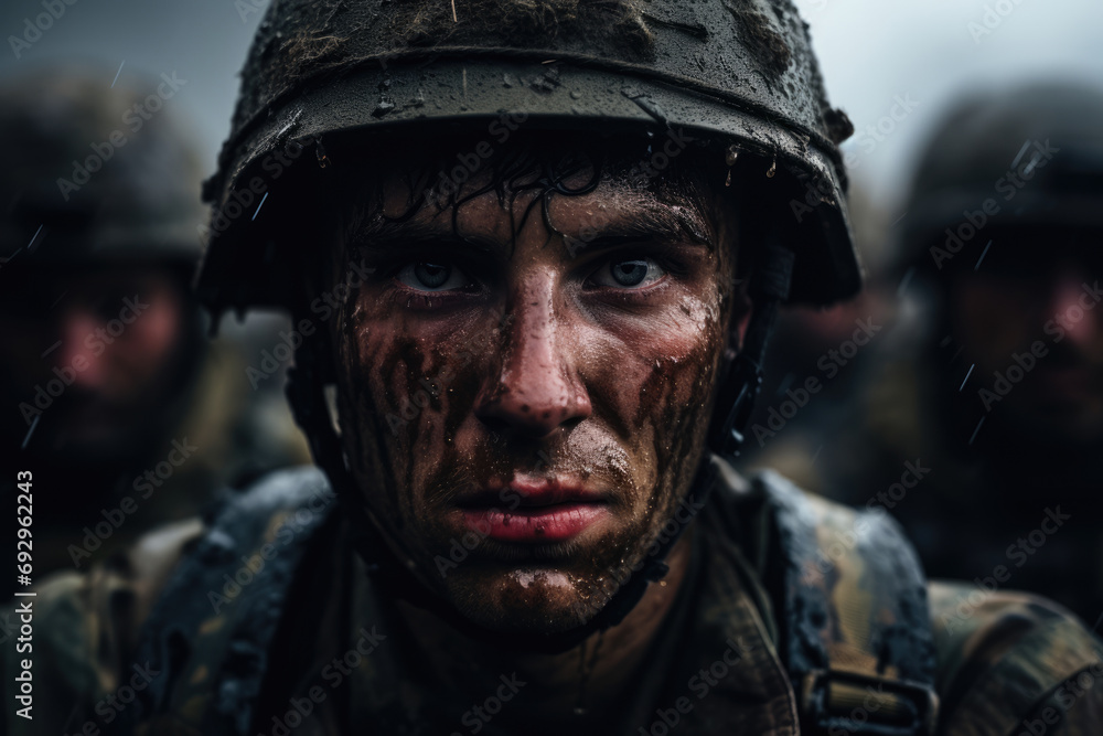 Portrait of a soldier in the mud during special training