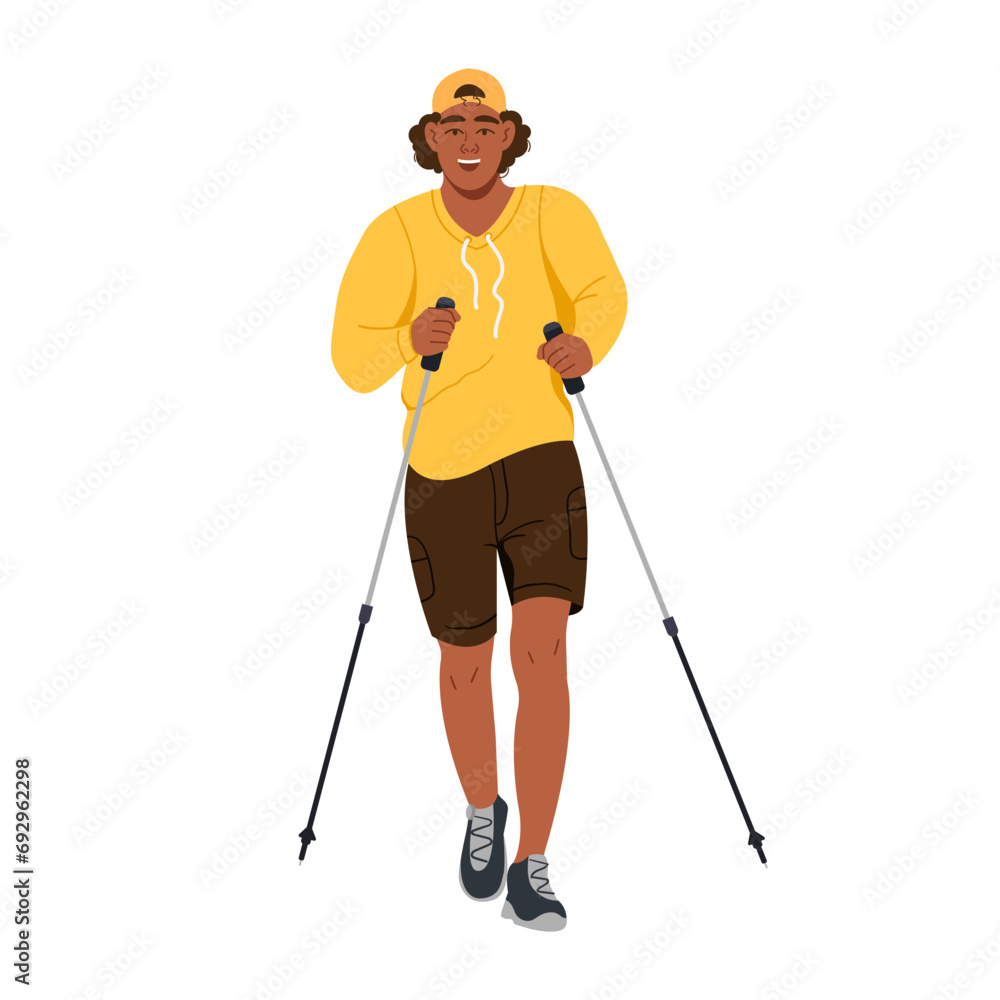 An African-American man walking with hiking sticks. Traveling, hiking, trekking. The concept of a healthy lifestyle. Vector illustration in the flat style isolated on a white background An African-American man walking with hiking sticks. Traveling, hiking, trekking. The concept of a healthy lifestyle. Vector illustration in the flat style isolated on a white background