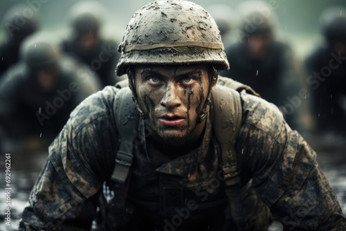 Portrait of a soldier in the mud during special training
