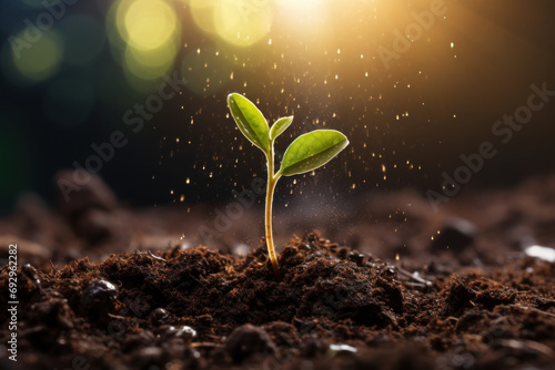 A seedling breaking through the soil, representing the germination of novel concepts and the growth of innovative ideas. Concept of conceptual germination. Generative Ai. photo