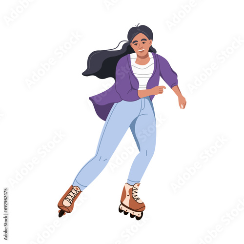 A young woman is roller skating. Summer holidays. Urban sports and hobbies. Healthy lifestyle. Vector illustration in the flat style, isolated on a white background