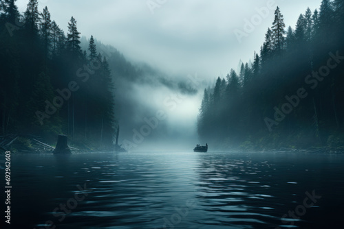 Thick fog enveloping a tranquil lake  creating an ethereal and mysterious atmosphere. Concept of atmospheric mystique. Generative Ai.