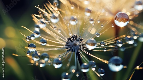 dew drops in dandelion seeds, macro shot