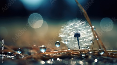 dew drops in dandelion seeds, macro shot