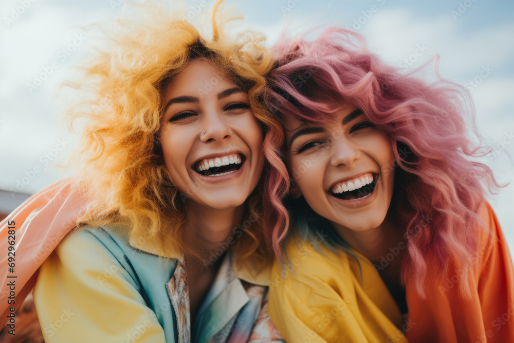 Two girl friends with bright hair are having fun Two girl friends with bright hair are having fun