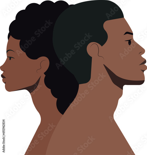 Profile portraits of a black woman and black man staying back to back to each other. African American people head and shoulders side view portraits. Horizontal banner.