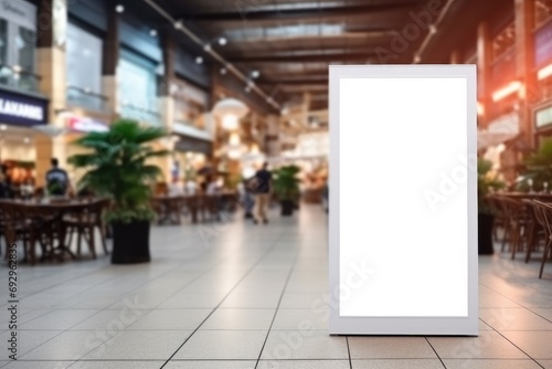 A roll-up mockup poster stand in a shopping center or mall environment,