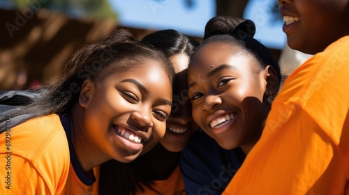 Group of teens volunteering at a community service event, sense of accomplishment photo