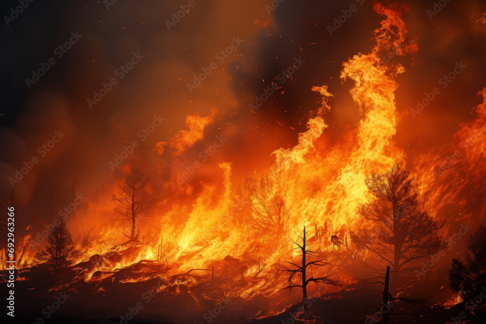 Fototapeta premium A blazing wildfire consuming a forest, depicting the destructive force of nature's fury. Concept of environmental crisis. Generative Ai.