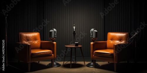 two chairs and microphones in podcast or interview room on dark background