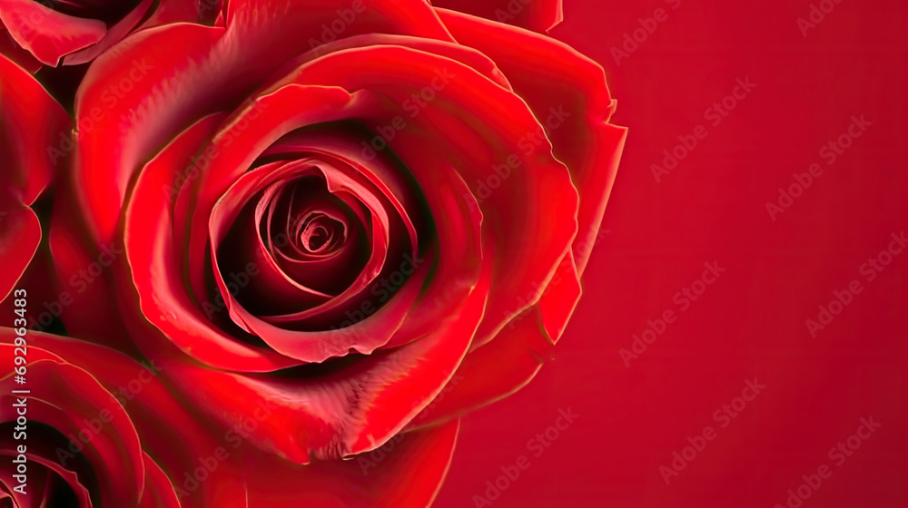 Naklejka premium A red rose on a red background - A striking image for romantic occasions, such as Valentine's Day, anniversaries, or love-themed designs. Perfect for greeting cards, social media posts, and more.