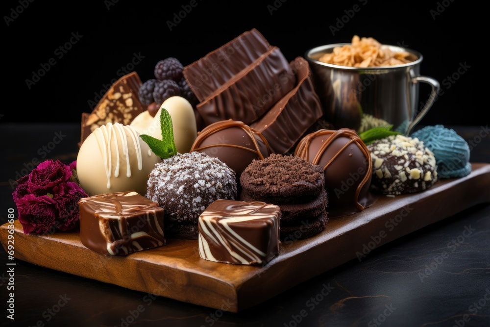 Elegant chocolate dessert platter with a selection of truffles, tarts, and bonbons, a refined and upscale presentation
