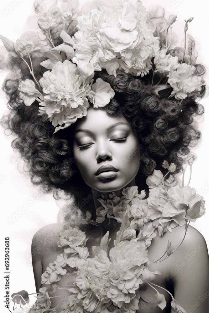 abstract portrait of a woman with flowers in hair in black and white